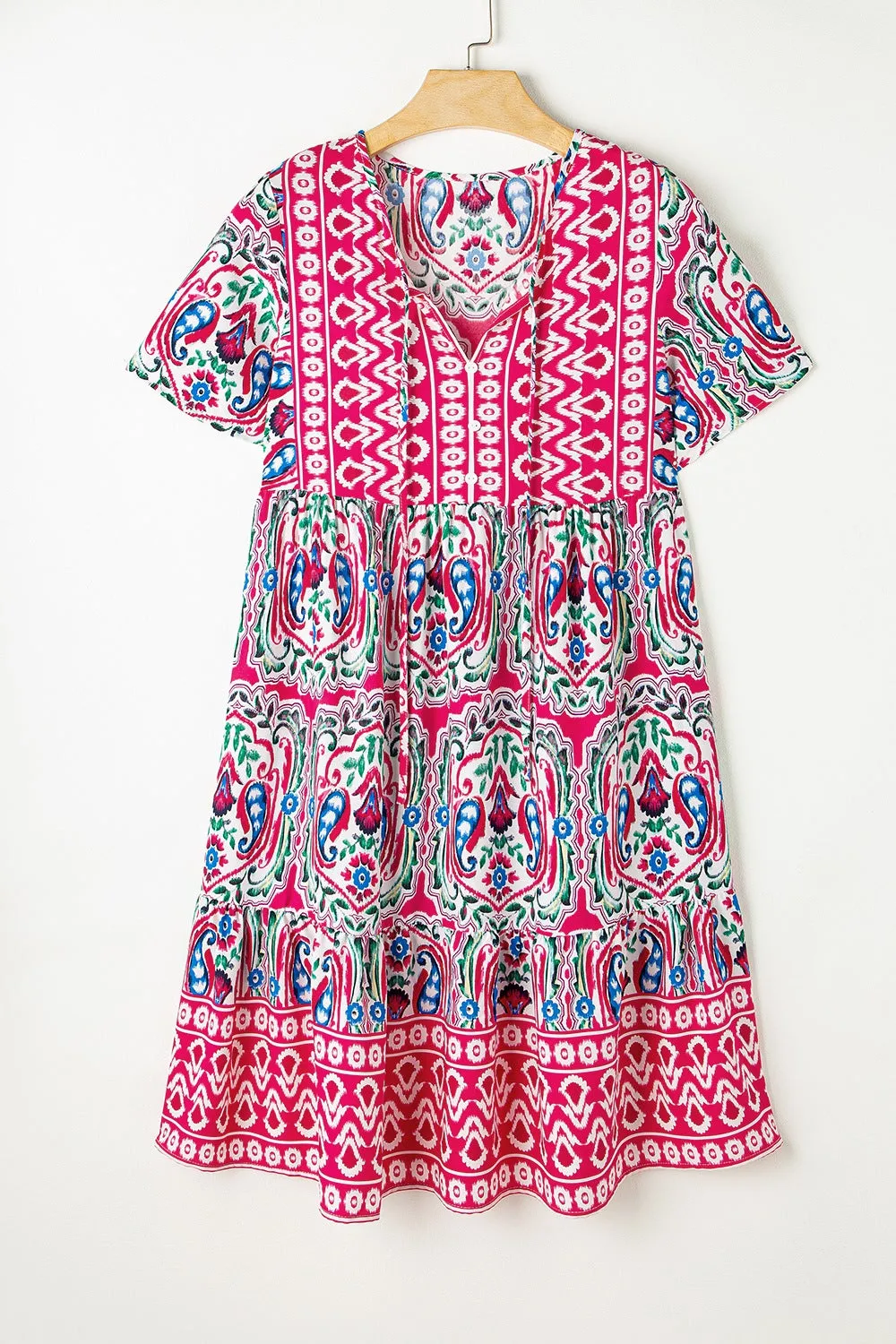 Printed Tie Neck Short Sleeve Dress