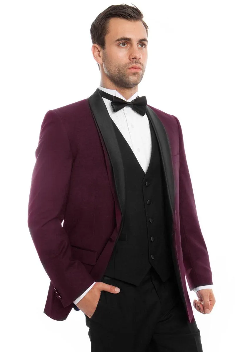 "Elegant Burgundy Tuxedo for Prom and Wedding Ceremonies: Bryan Michaels' One-Button Vested Masterpiece"