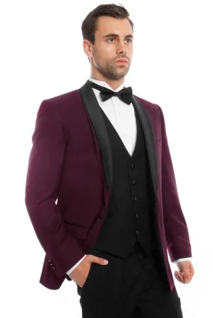 "Elegant Burgundy Tuxedo for Prom and Wedding Ceremonies: Bryan Michaels' One-Button Vested Masterpiece"