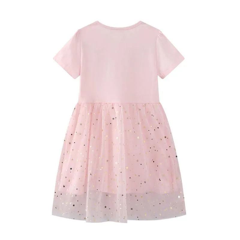 SHORT SLEEVE PINK CAT PRINTED DRESS