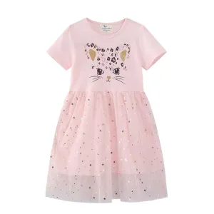 SHORT SLEEVE PINK CAT PRINTED DRESS