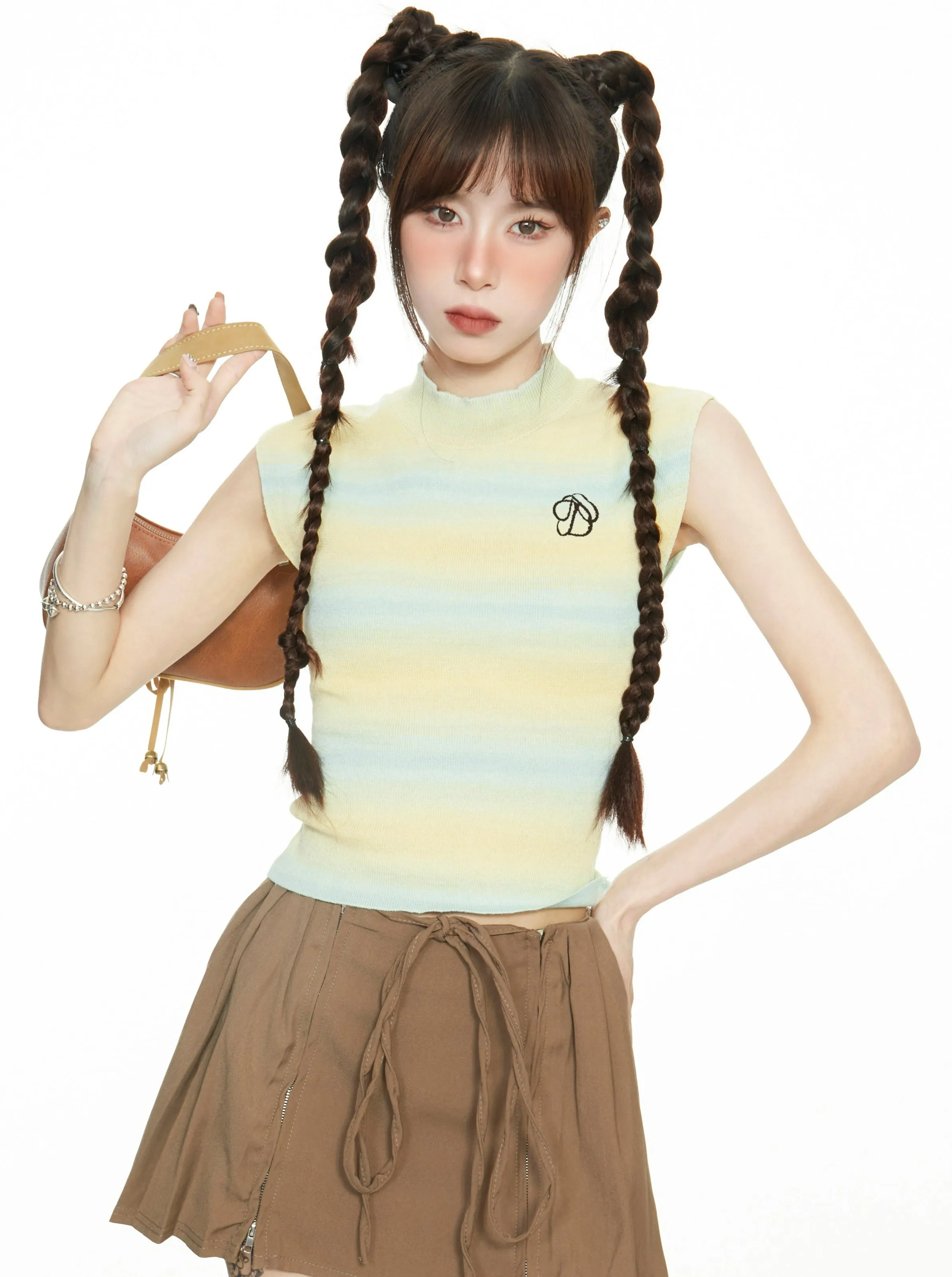 Stripe Semi High Neck Sleeveless Top