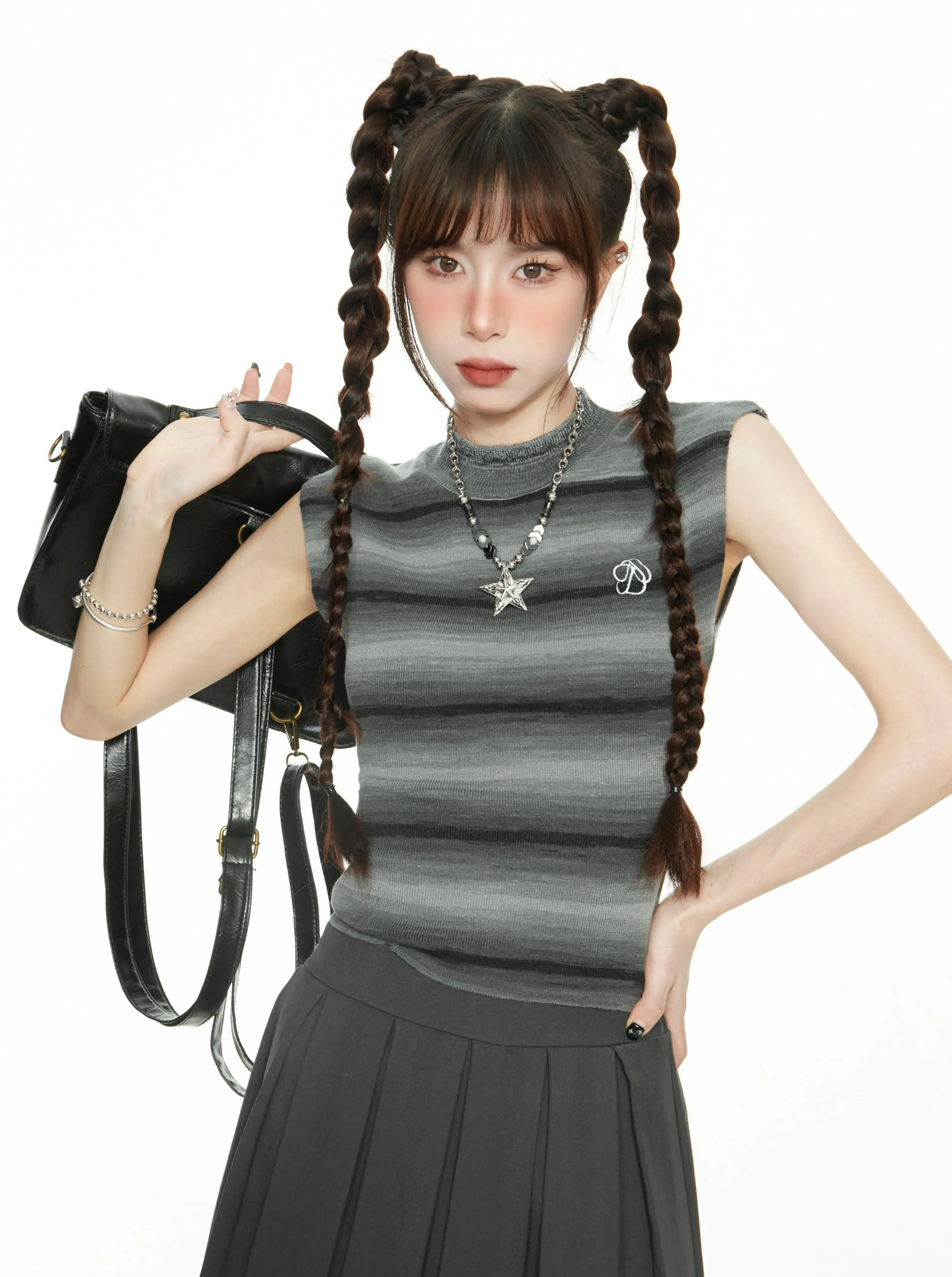 Stripe Semi High Neck Sleeveless Top