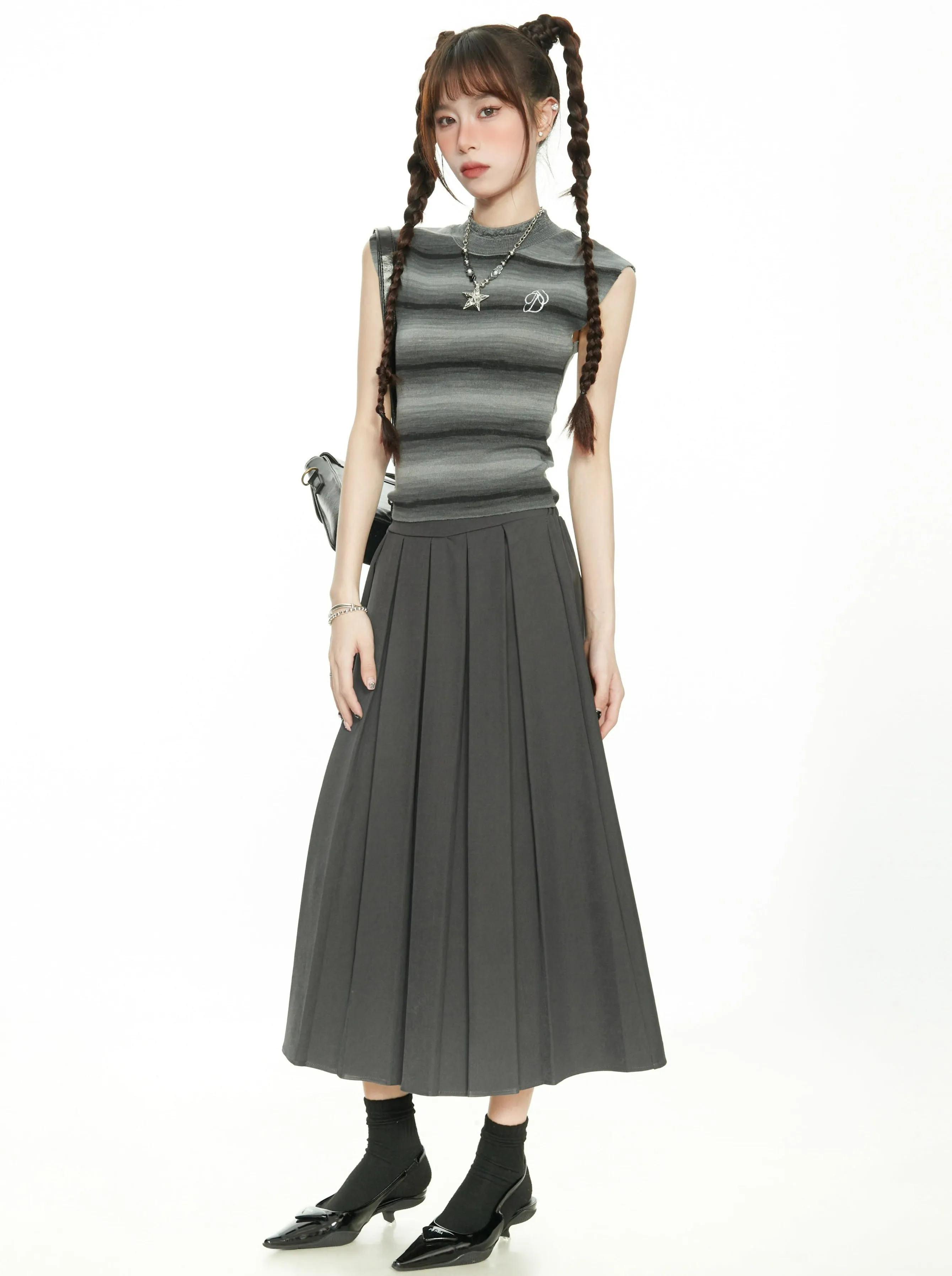 Stripe Semi High Neck Sleeveless Top