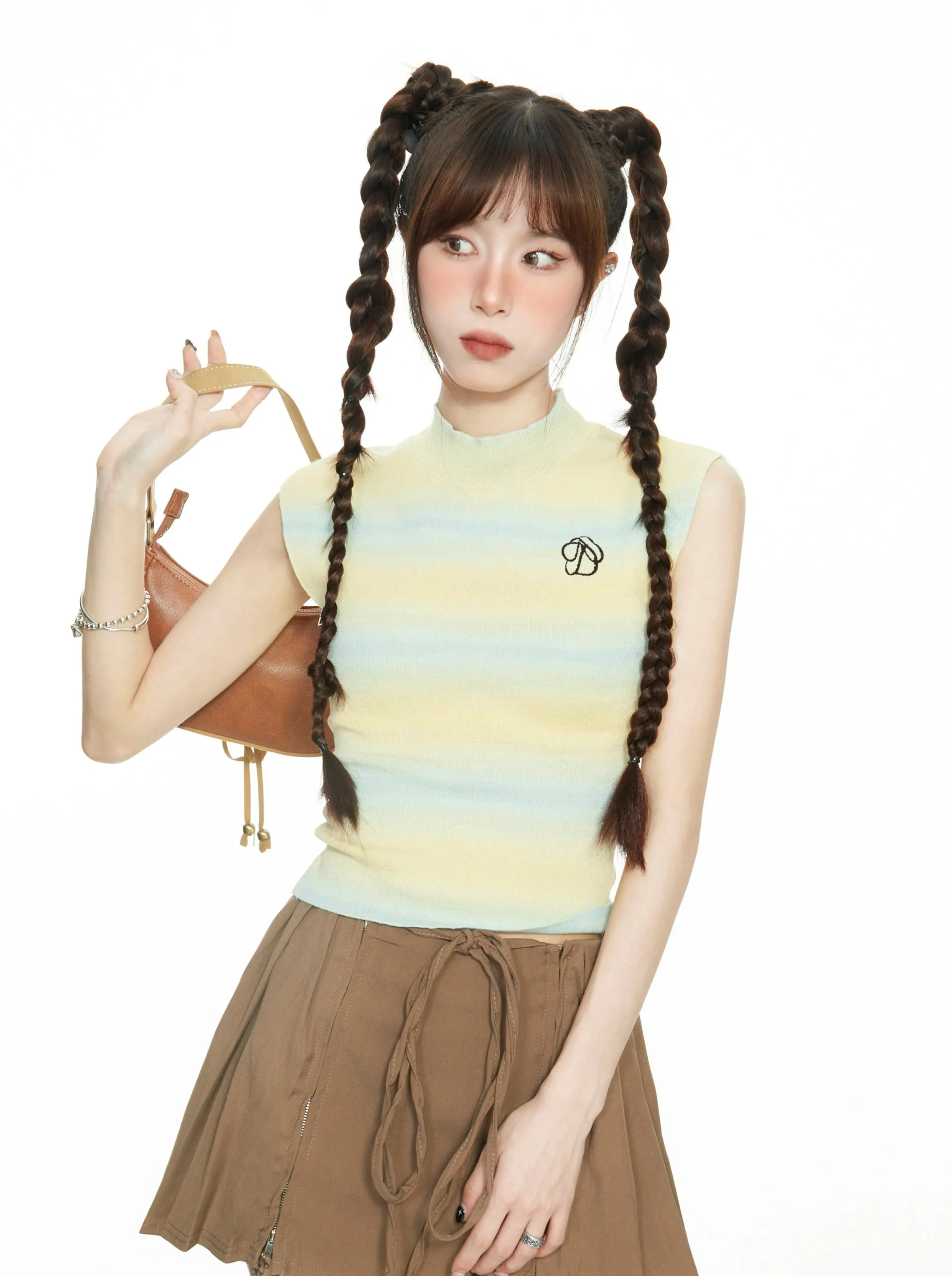 Stripe Semi High Neck Sleeveless Top