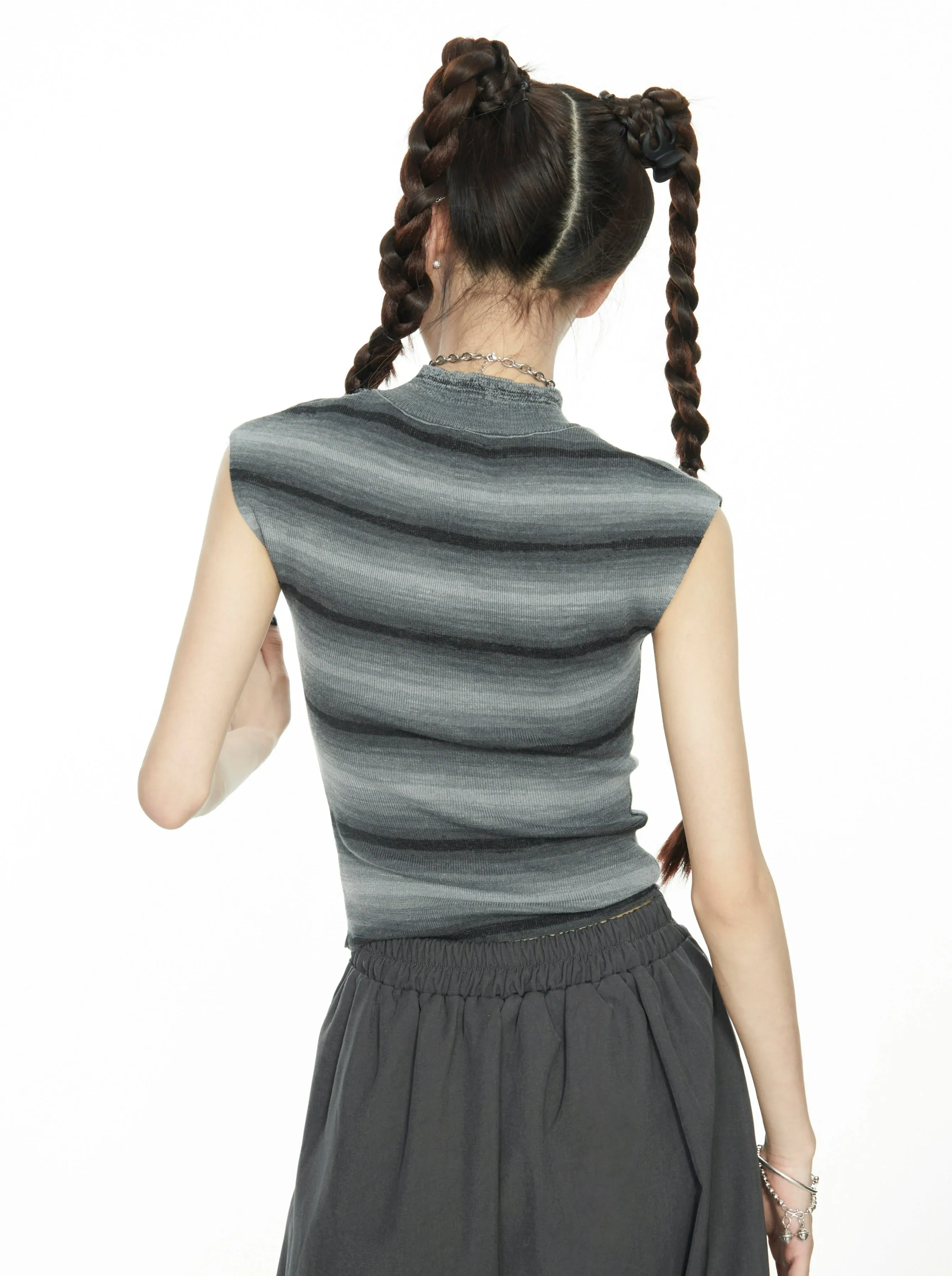 Stripe Semi High Neck Sleeveless Top