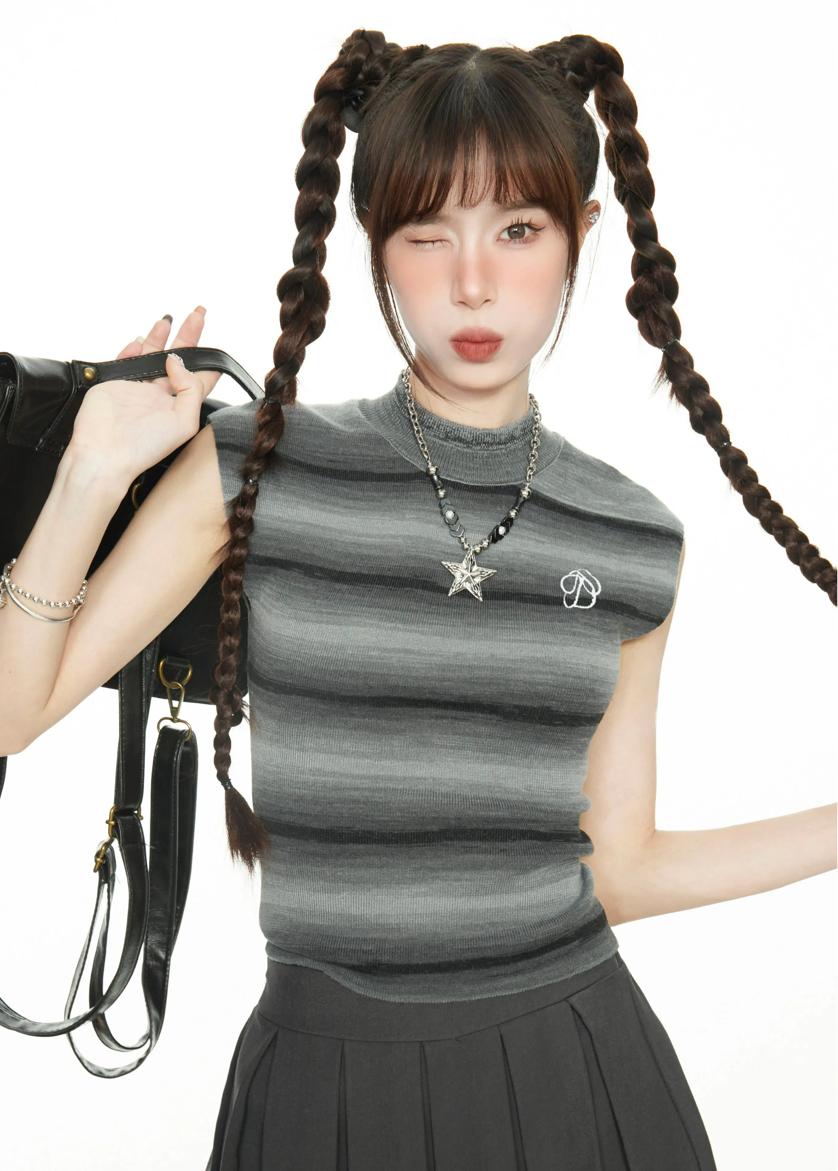 Stripe Semi High Neck Sleeveless Top