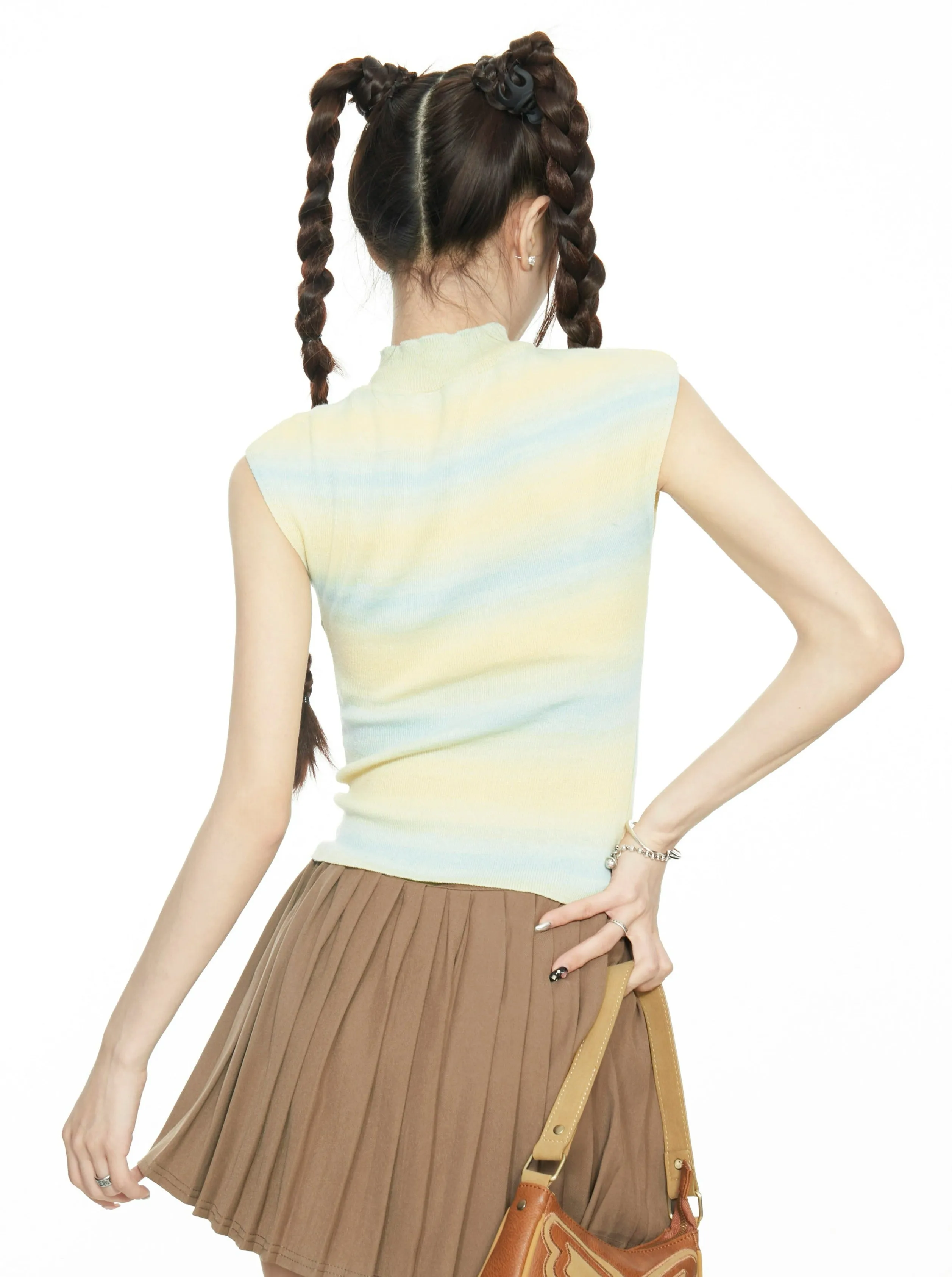 Stripe Semi High Neck Sleeveless Top