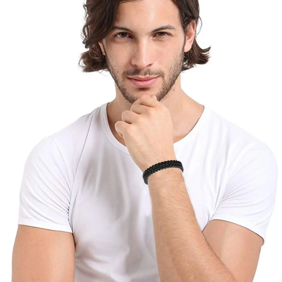 Stylish Dual Curb Glossy Black 316L Stainless Steel Bracelet Men