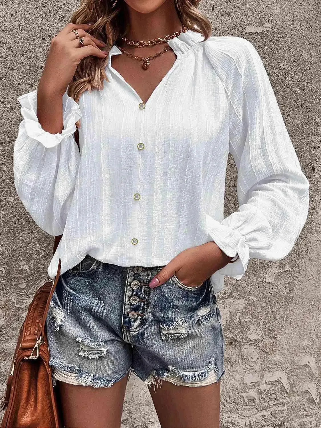 Stylish Notched Neck Flounce Sleeve Shirt for Women