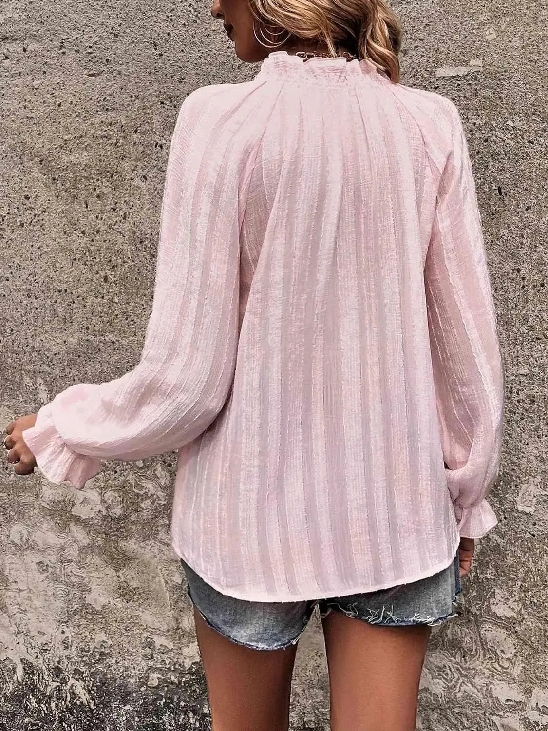 Stylish Notched Neck Flounce Sleeve Shirt for Women