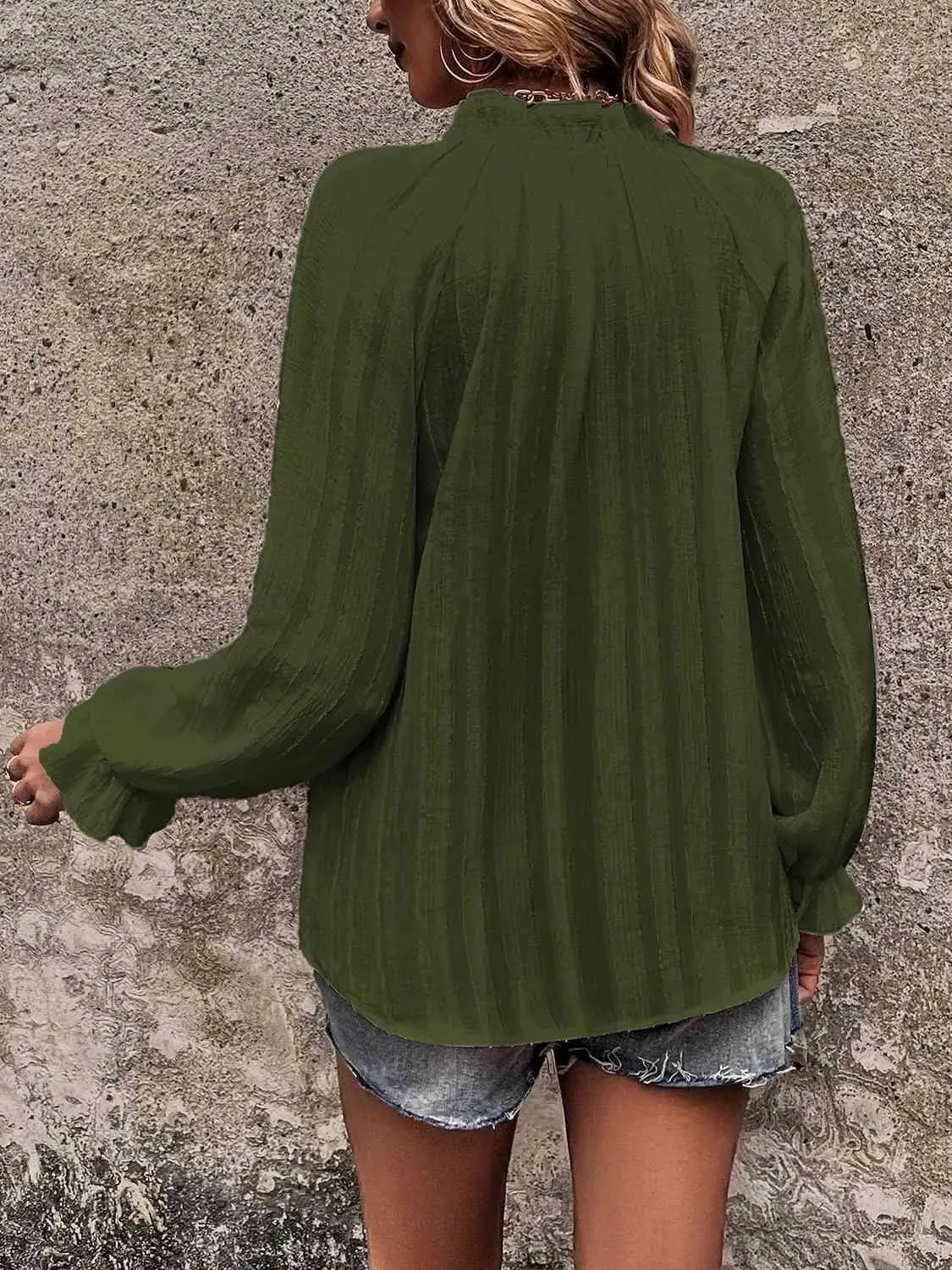 Stylish Notched Neck Flounce Sleeve Shirt for Women