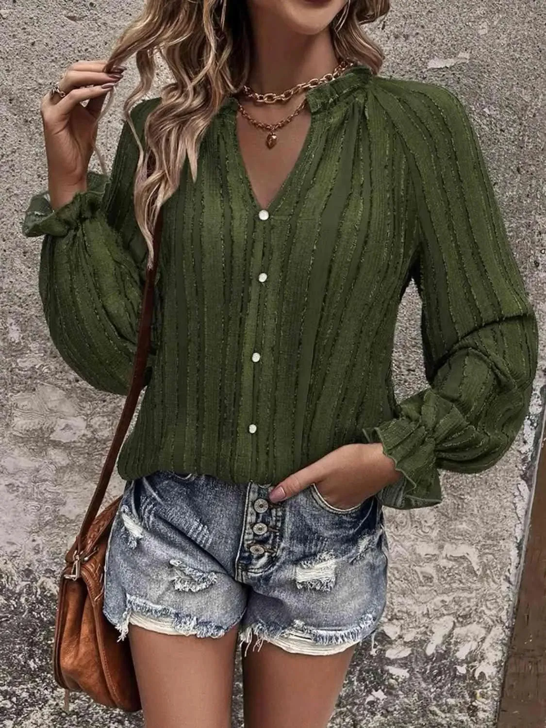Stylish Notched Neck Flounce Sleeve Shirt for Women