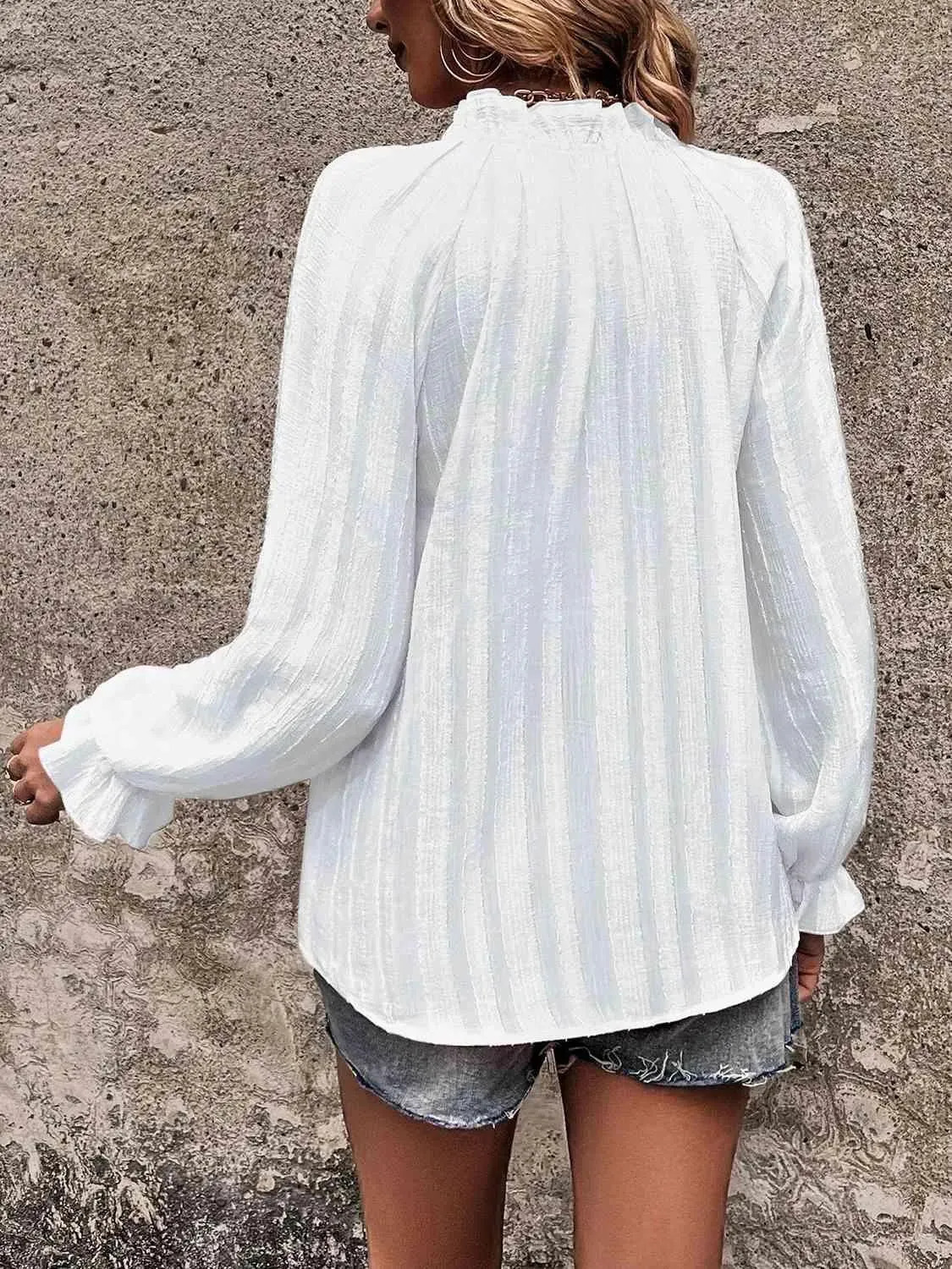 Stylish Notched Neck Flounce Sleeve Shirt for Women