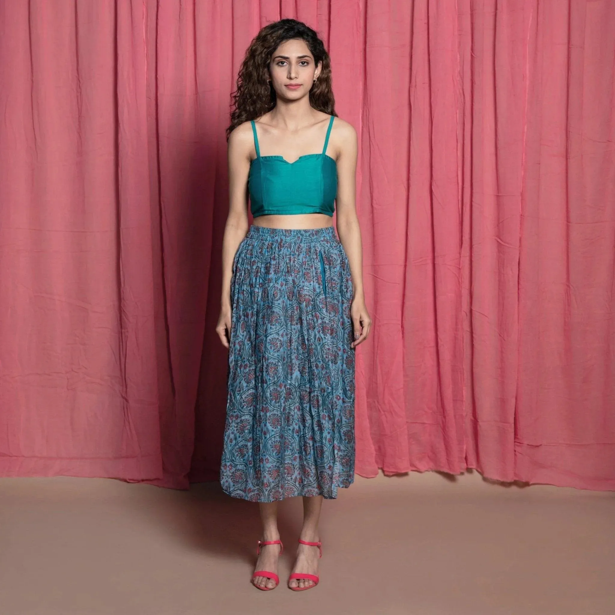 Teal Chanderi Cotton Block Printed Midi Skirt