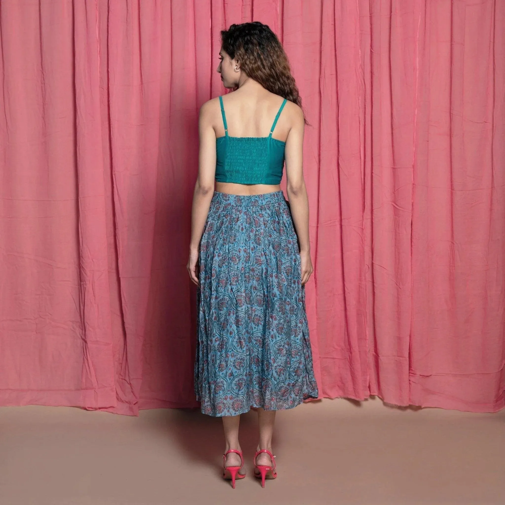 Teal Chanderi Cotton Block Printed Midi Skirt
