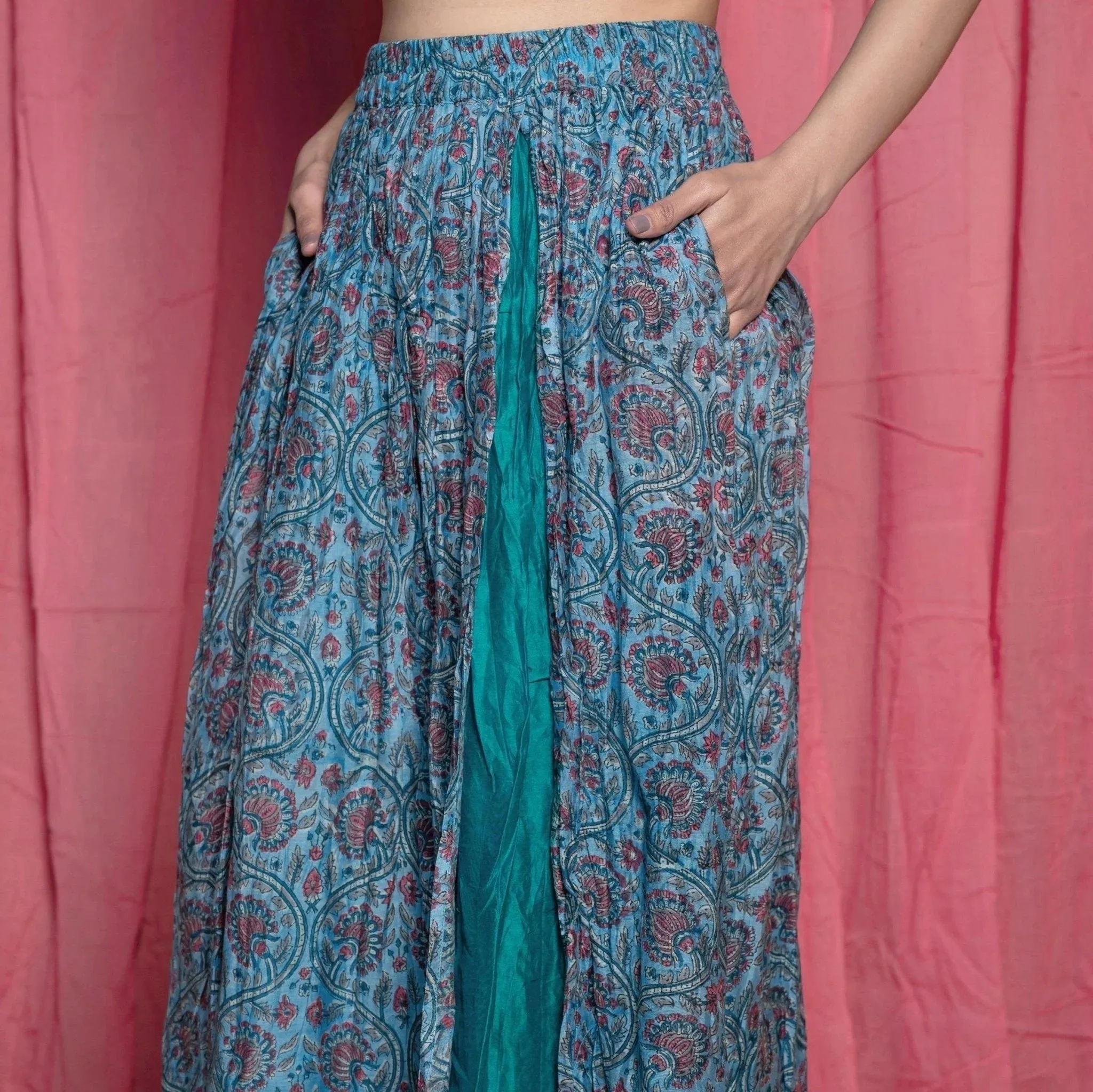 Teal Chanderi Cotton Block Printed Midi Skirt