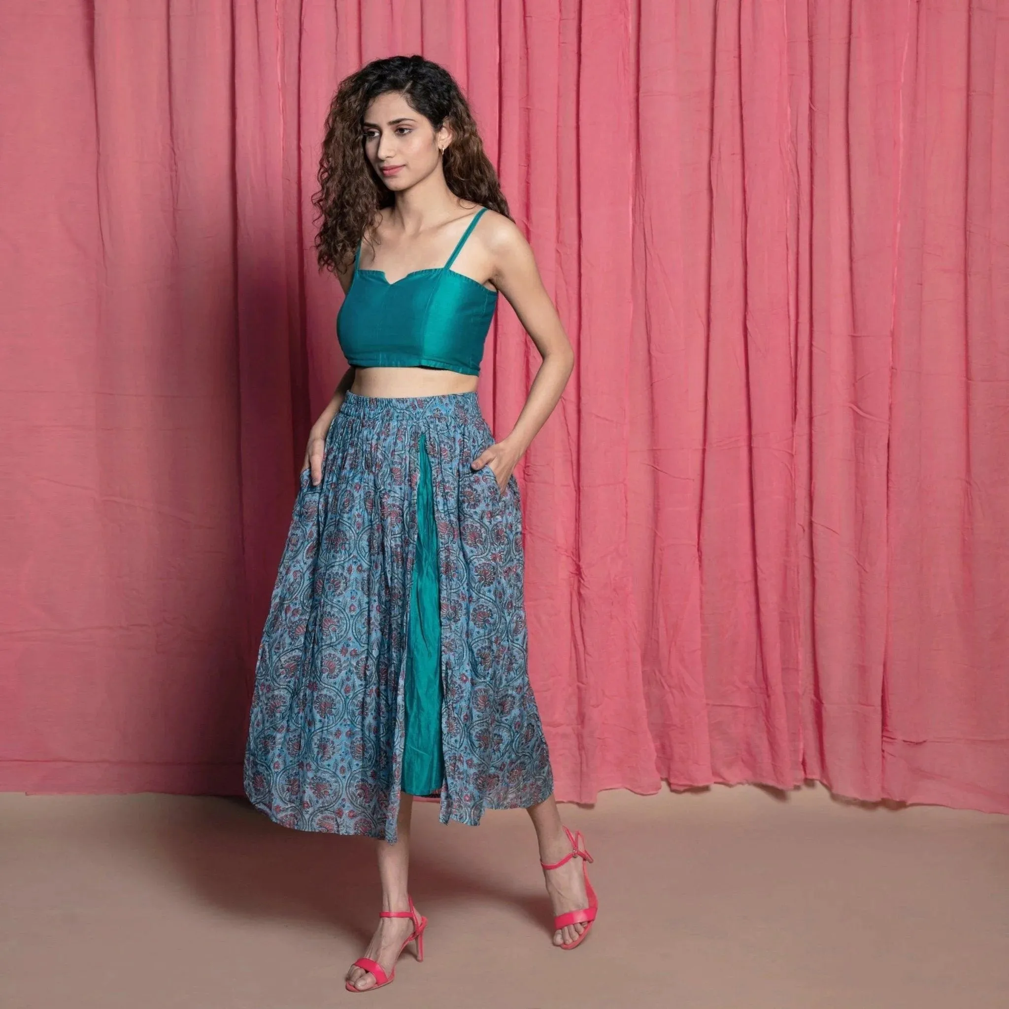 Teal Chanderi Cotton Block Printed Midi Skirt