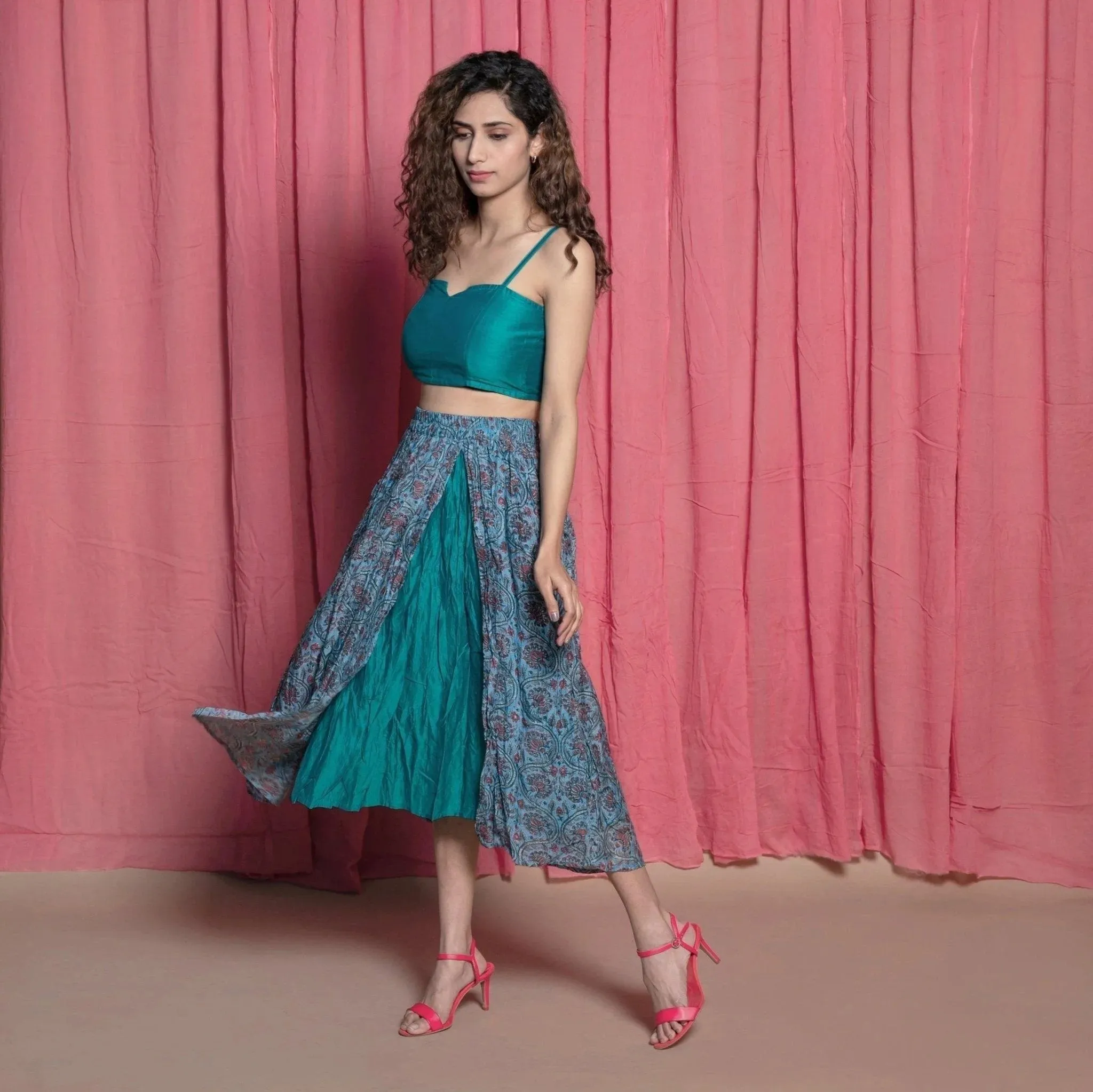 Teal Chanderi Cotton Block Printed Midi Skirt