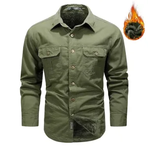 Winter Men Fleece Cargo Cotton Long Sleeve Shirts