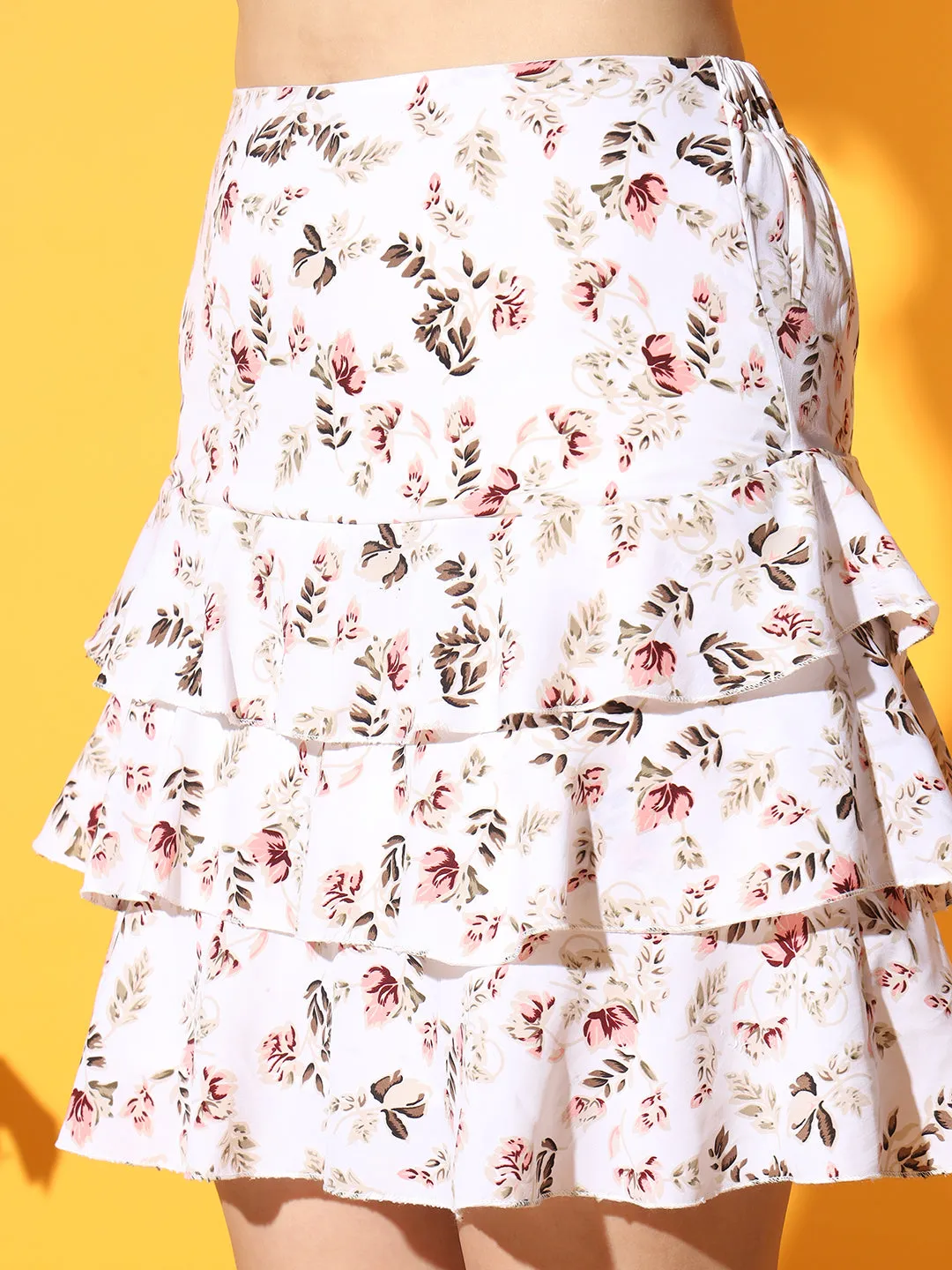 women Floral Printed Georgette Layered Mini Flared Skirt