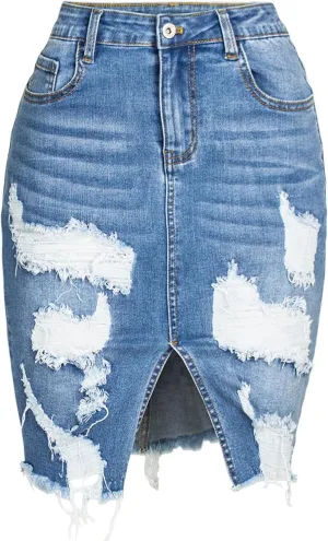 Women's Bodycon Denim Skirts Front Split Frayed Washed Midi Pencil Skirts Irregular Hem Ripped Hole Jeans Skirts