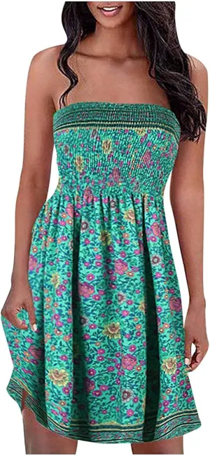 Womens Bohemian Tube Smocked Dress Off Shoulder Strapless Backless Ruffle Floral Beach Mini Dress (Color : Green1, Size : XX-Large)