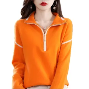 Women's Streetwear Zipper Mock Neck Knitted Sweater – Casual Loose Pullover