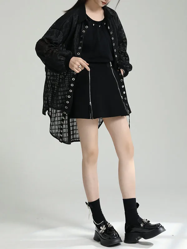 xakxx High-Low Long Sleeves Gauze See-Through Round-Neck Blouses&Shirts Tops