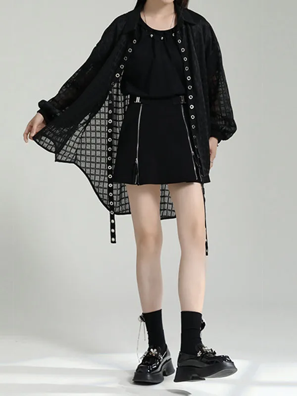 xakxx High-Low Long Sleeves Gauze See-Through Round-Neck Blouses&Shirts Tops
