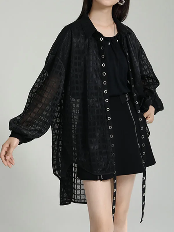 xakxx High-Low Long Sleeves Gauze See-Through Round-Neck Blouses&Shirts Tops
