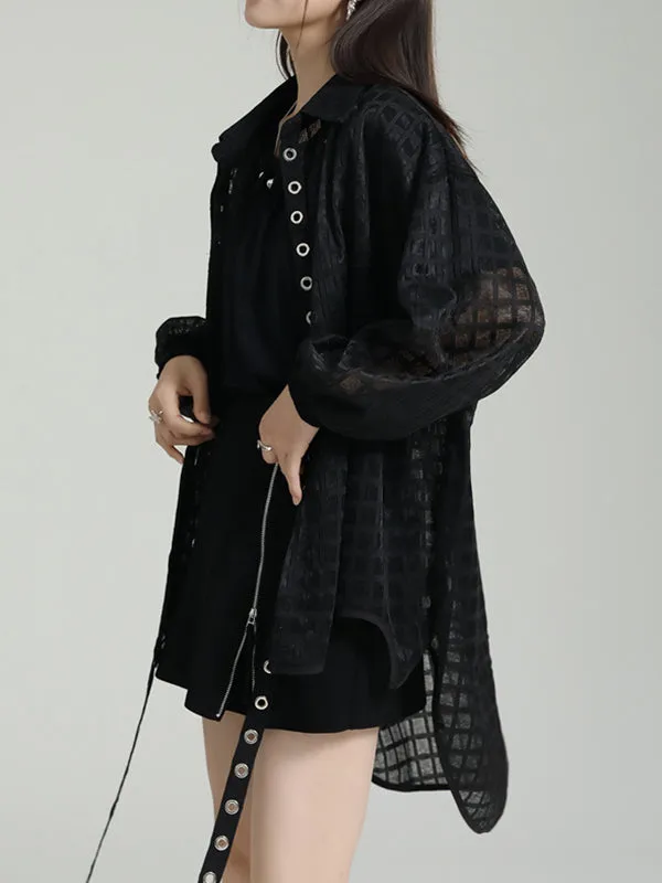 xakxx High-Low Long Sleeves Gauze See-Through Round-Neck Blouses&Shirts Tops