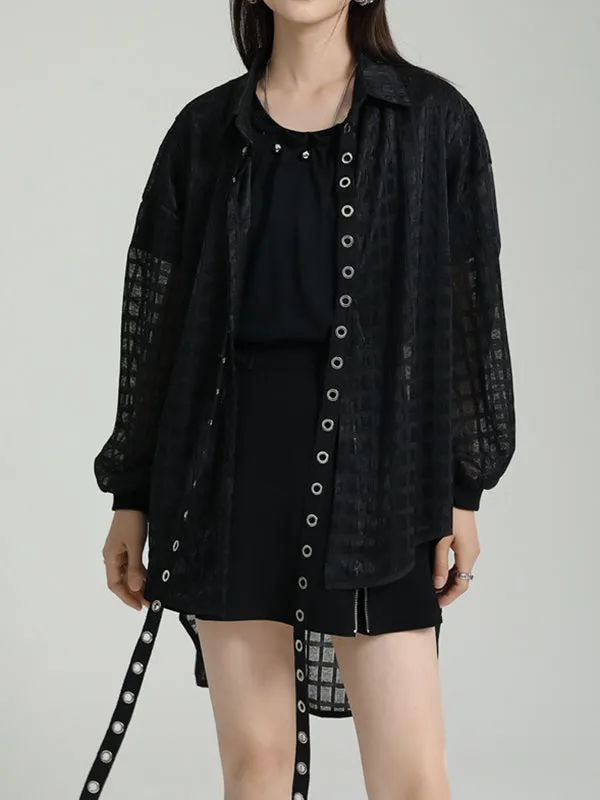 xakxx High-Low Long Sleeves Gauze See-Through Round-Neck Blouses&Shirts Tops