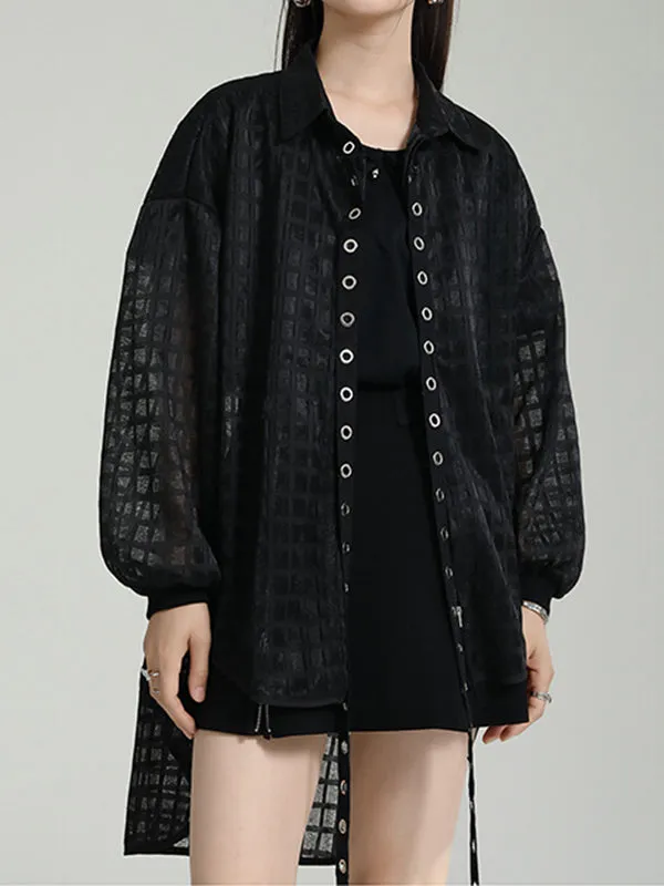 xakxx High-Low Long Sleeves Gauze See-Through Round-Neck Blouses&Shirts Tops