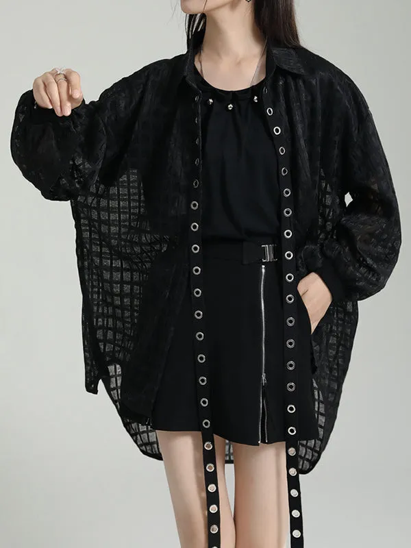 xakxx High-Low Long Sleeves Gauze See-Through Round-Neck Blouses&Shirts Tops