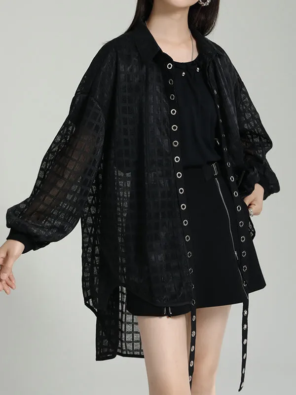 xakxx High-Low Long Sleeves Gauze See-Through Round-Neck Blouses&Shirts Tops