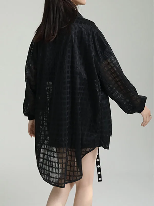 xakxx High-Low Long Sleeves Gauze See-Through Round-Neck Blouses&Shirts Tops