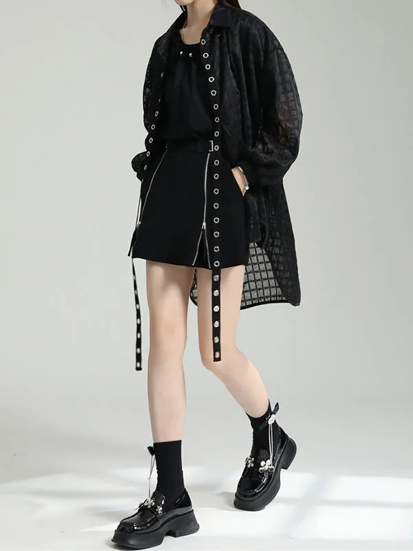 xakxx High-Low Long Sleeves Gauze See-Through Round-Neck Blouses&Shirts Tops