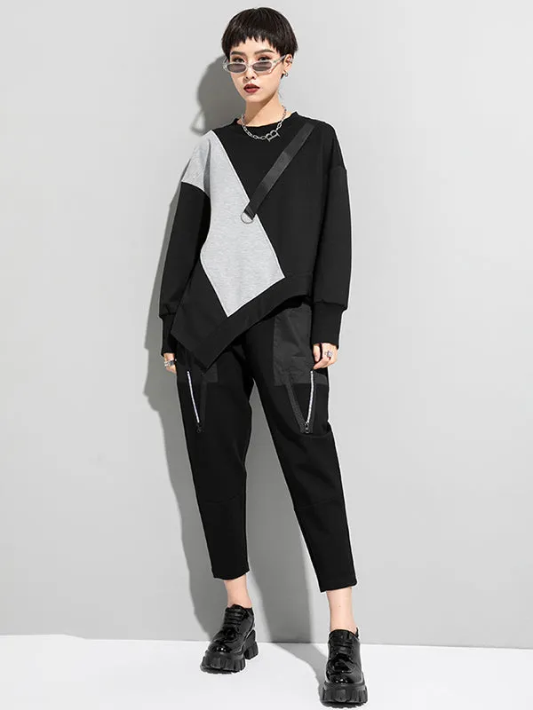 xakxx Stylish Black&Gray Asymmetric Contrast Color Long Sleeves Round-Neck T-Shirt