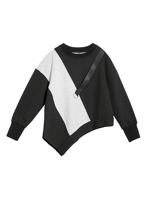 xakxx Stylish Black&Gray Asymmetric Contrast Color Long Sleeves Round-Neck T-Shirt