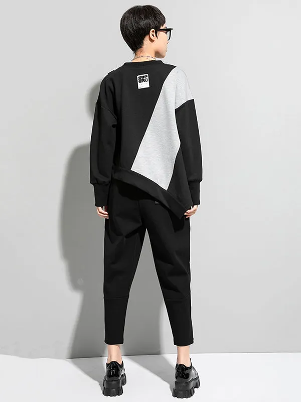 xakxx Stylish Black&Gray Asymmetric Contrast Color Long Sleeves Round-Neck T-Shirt