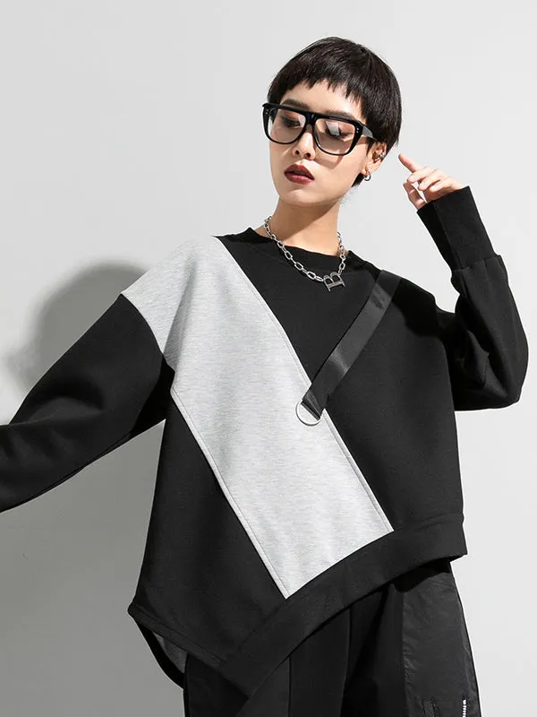 xakxx Stylish Black&Gray Asymmetric Contrast Color Long Sleeves Round-Neck T-Shirt