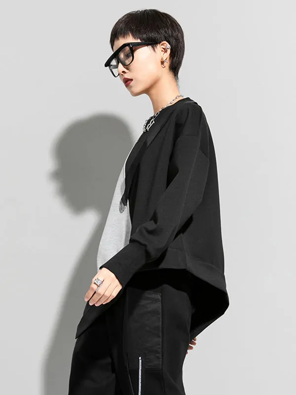 xakxx Stylish Black&Gray Asymmetric Contrast Color Long Sleeves Round-Neck T-Shirt