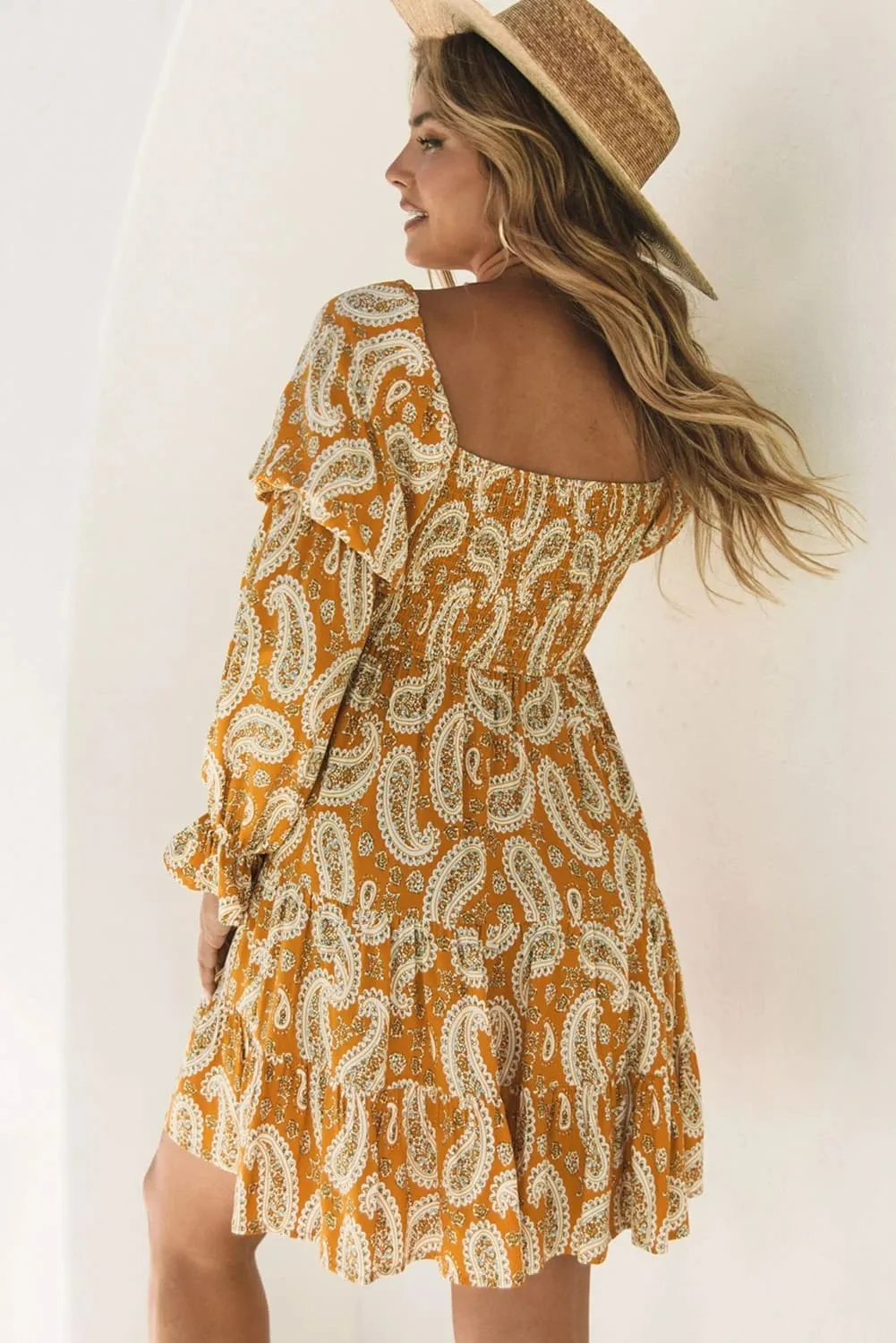 Yellow Boho Paisley Floral Print Long Sleeve Short Dress
